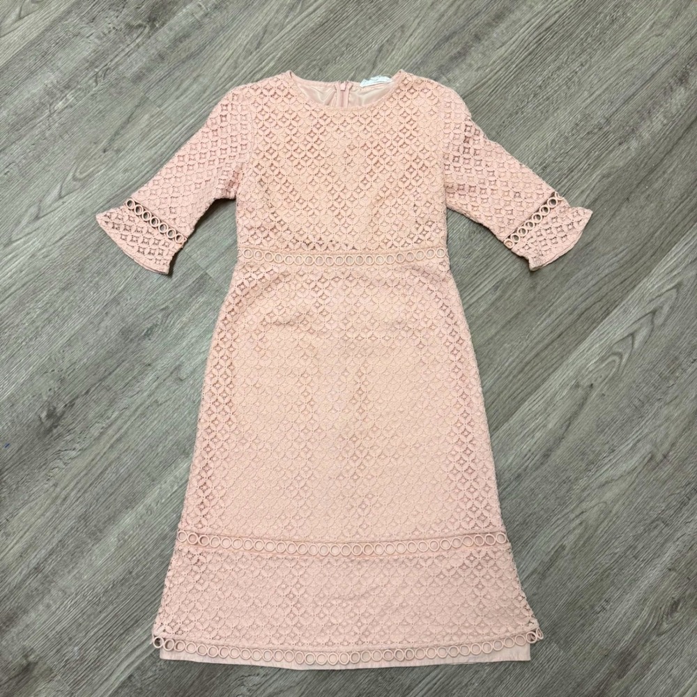 Downeast Pink Lace Midi Dress‎ 3/4 Bell Sleeve Modest Blush Small